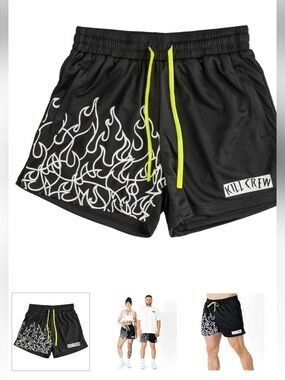 Kill Crew Black Shorts with White Flame Print and Neon Green Drawstring